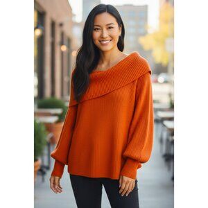 NEW Soft Surroundings Pumpkin Orange 100% Cashmere Chunky Cowl Neck Sweater PL